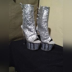 7 inch heel silver glitter platform ankle boots
